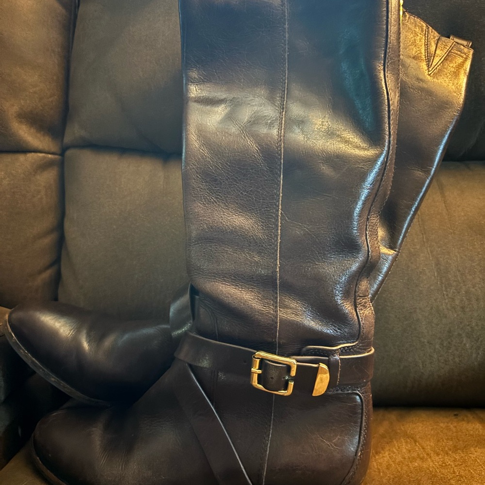 Dark Brown Leather Knee-High Boots with Gold Buckle